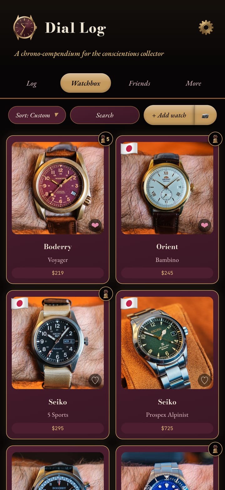 The Watchbox in Dial Log: four watches as tiles, each with its photograph and purchase price