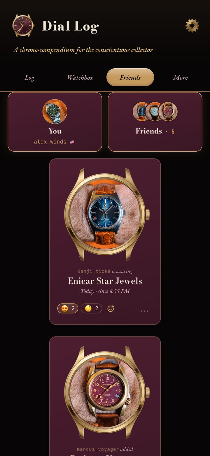The friends feed in Dial Log: what a friend is wearing today, with reactions