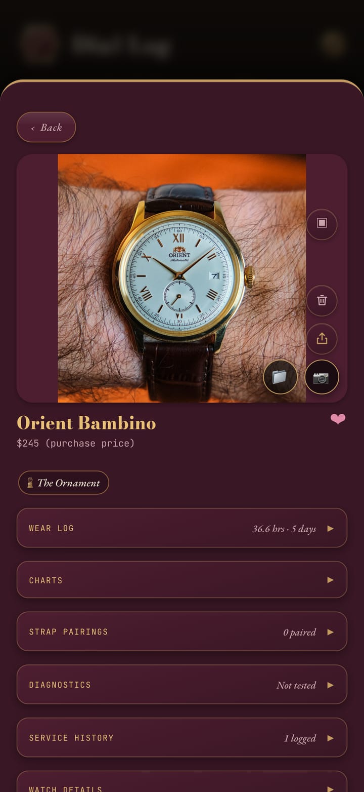 A watch's page in Dial Log: its photograph, purchase price, wear log and service history
