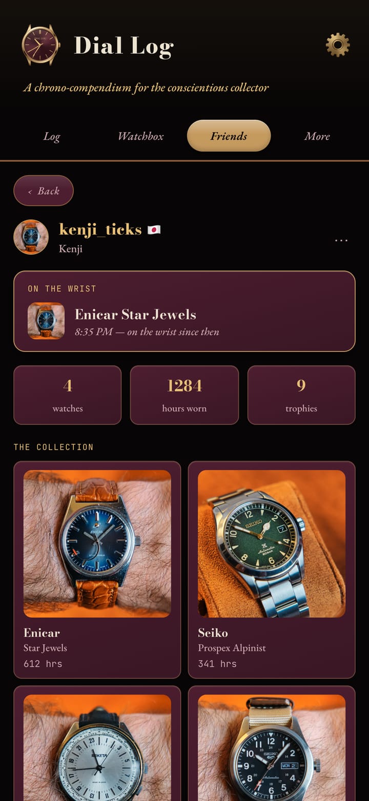A friend's profile in Dial Log: the watch on their wrist and their collection