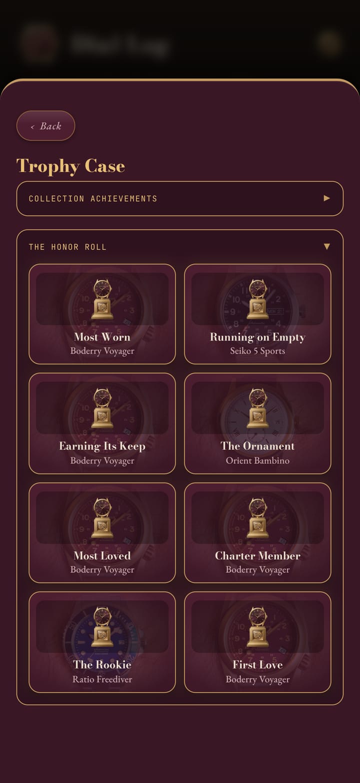 The trophy case in Dial Log: trophies earned by the watches you wear